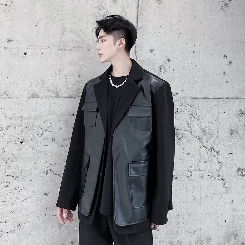 

2021 New Fake Two Pieces Faux Leather Jacket Autumn Winter Patchwork Blazer Coats Men Solid Color Lapel Blazers Men's Suit Jackets Bc3w, Black
