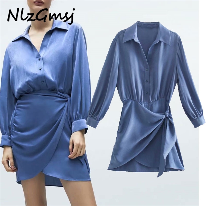 

Dres Spring Blue Mini Satin Elegant Knot Long Sleeve Woman Elastic Waist es 03 210628, As picture