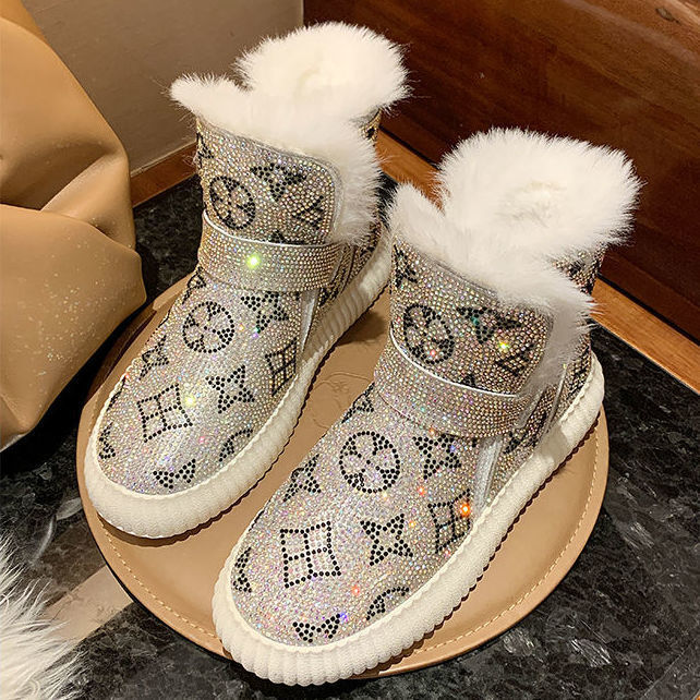 

Full Drill Snow Boots 2022 New Winter Women Thicken Plush Warm Cotton Shoes Female Non-Slip Short Boots Student Bling Flat, Silver