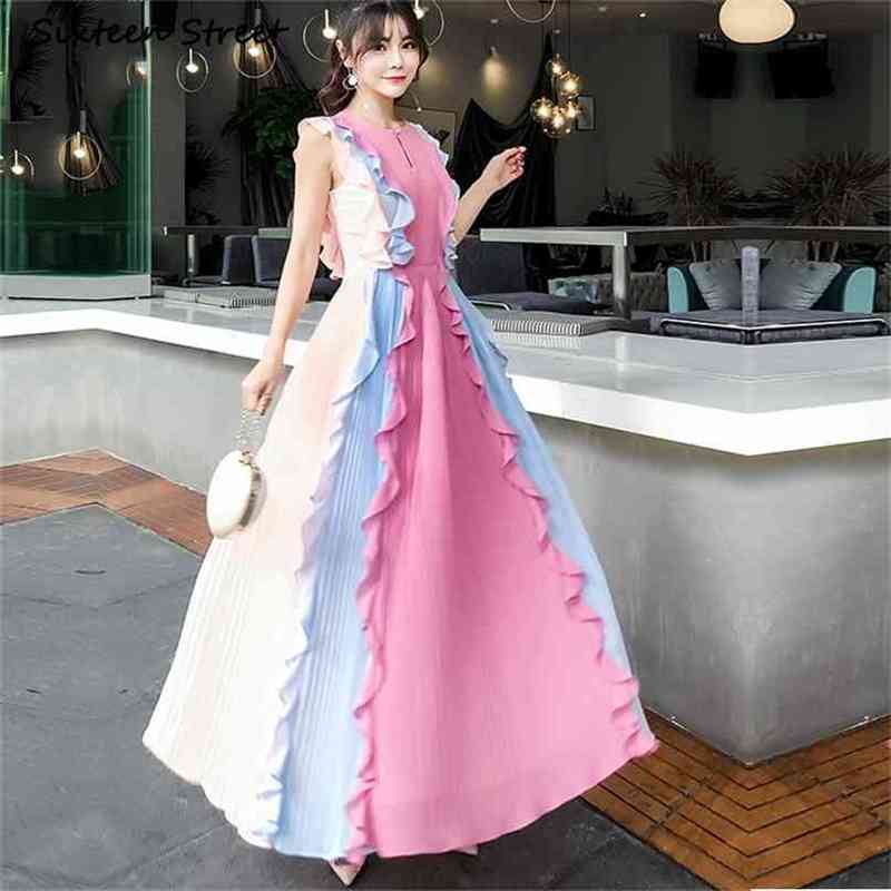 

Long Woman Dress Maxi Elegant Chiffon Fairy Patchwork Tunic Bohemian Beach Pleated O-neck Sleeveless Summer 210603, Blue
