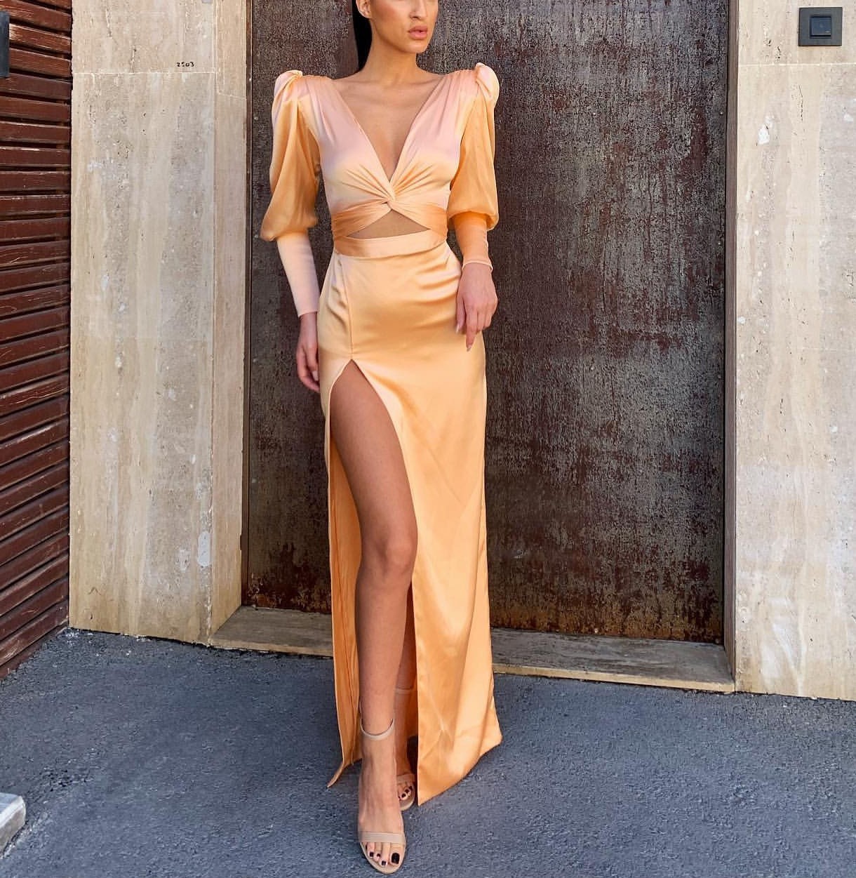 

New Sexy Mermaid Evening Es 2021 Long Sleeves Prom Gown Satin V-neck Abiye Vestido Festa Side Slit Robe De Soiree J6bb, Blue