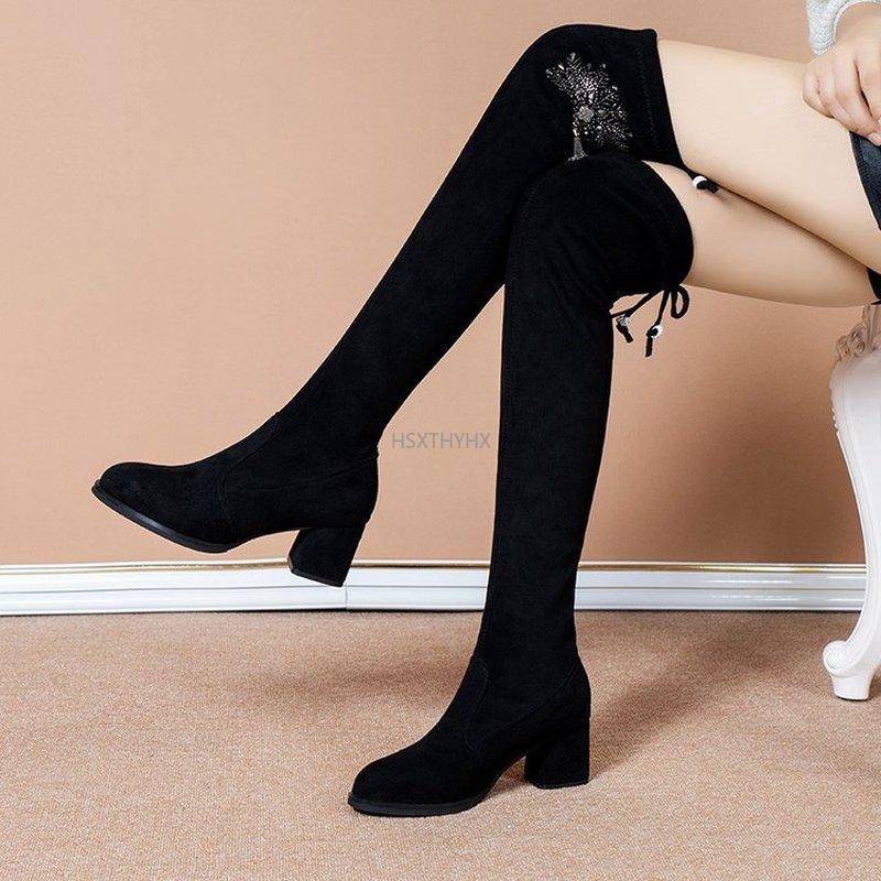 

Boots Slim Fit Elastic Flock Over The Knee Women Shoes 2021 Autumn Winter Ladies High Heel Long Thigh Size 35-42Shoes For, Black