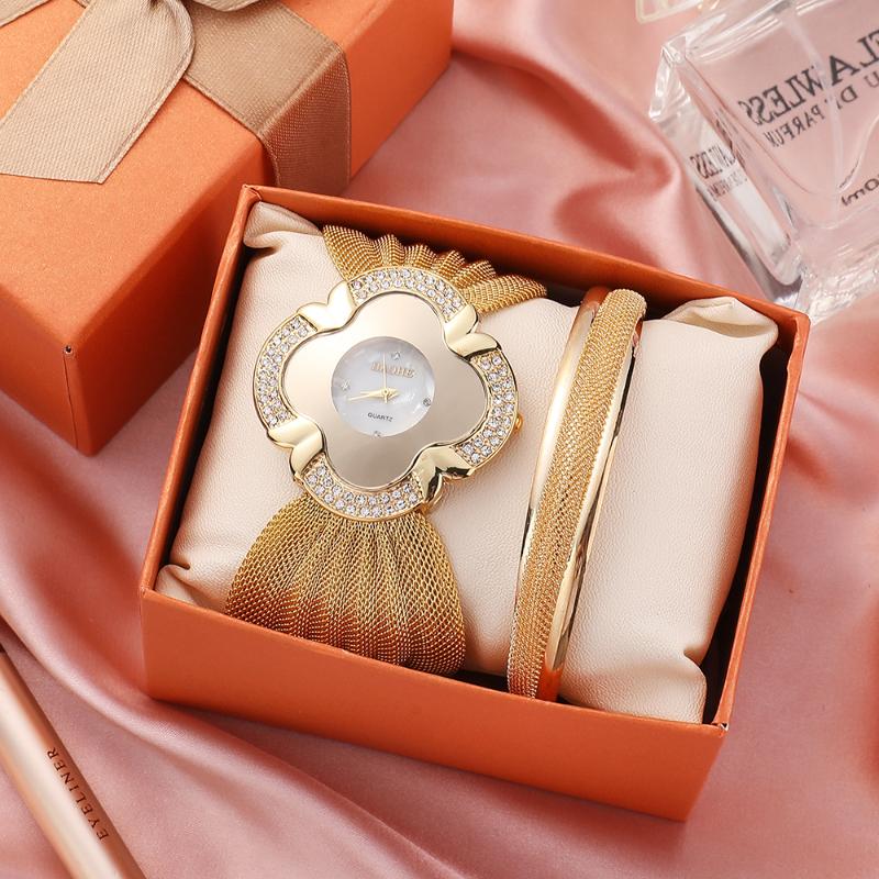 

Wristwatches Fashion Simple Bracelet Watch 2-piece Set Bright Diamond Butterfly Net With Quartz Alloy Gift Box, Silver