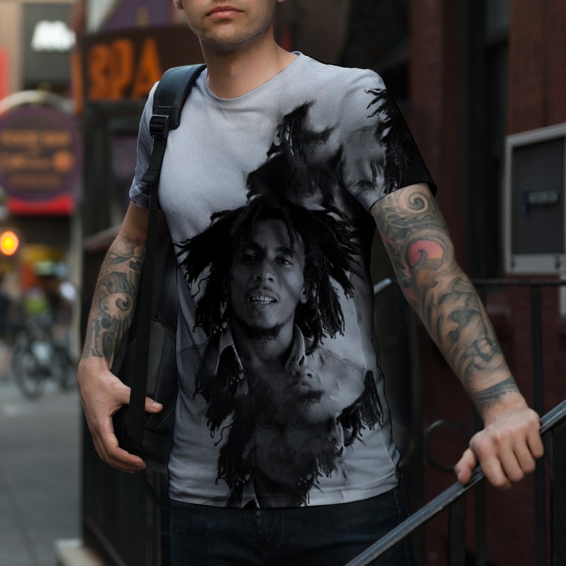 

Original rock Bob Marley 3D printing black and white boy pattern T-shirt fashion and beautiful breathable daily party travel men's short sleeves, White;black