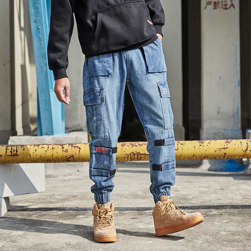

2021 New Moda Streetwear Jeans Azul Retro Solto Fit Denim Cargo Bolso e Harm Calas Brim Dos Homens Designer De Hip Hop Corredores Vuo7, Blue