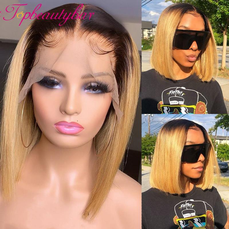 

Lace Wigs Ombre Color 13X1 Front Human Hair Honey Blond Short Bob Brazilian Remy #1b/27 180 Density Part, As pic