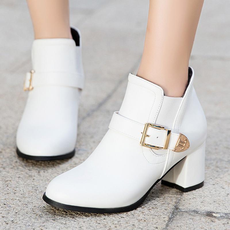 

Boots Shoes Women Ladies Solid Wedges Round Toe Large Size Buckle Mid Heel Botas Mujer Invierno 2021 Zapatos De, Beige
