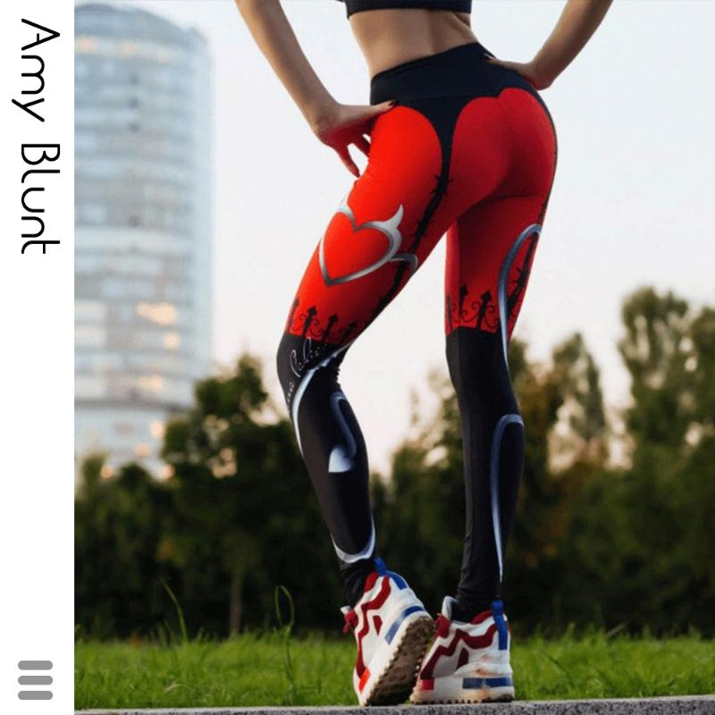 

New Sexy Heart Print Sport Leggings Women Red Black Patchwork Sport Yoga Pants Fashion Workout Gym Fitness Clothing, As picture show