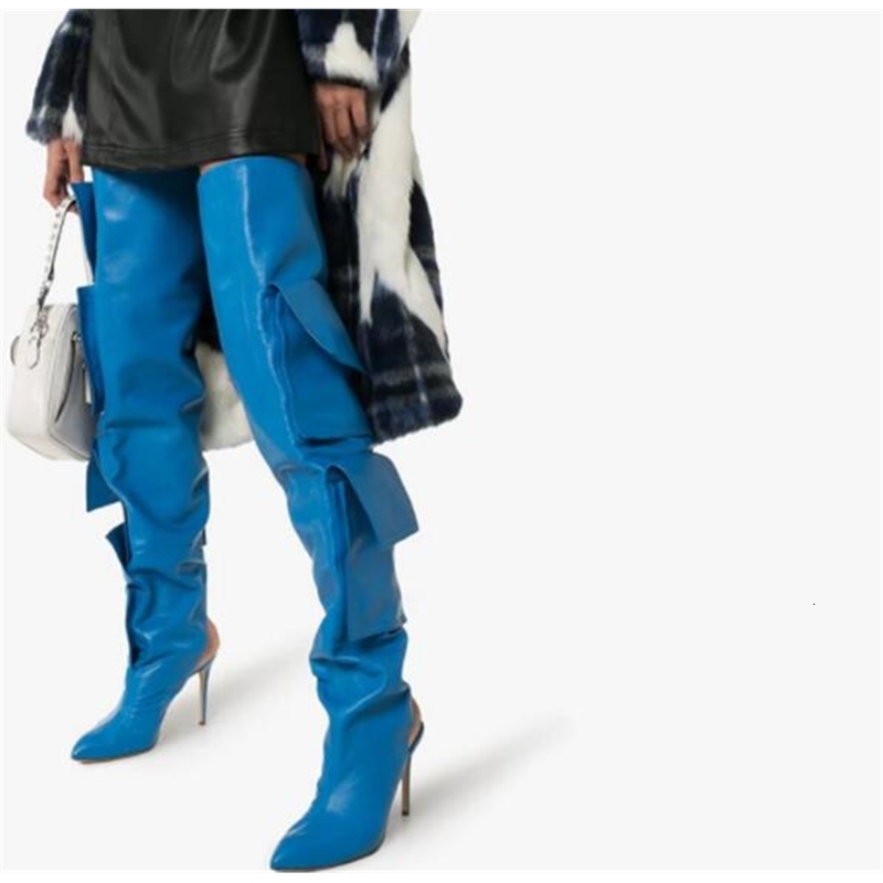 

boots black leather blue pocket designer on knee boots woman pointed finger of stiletto foot high heels knight long b6au
