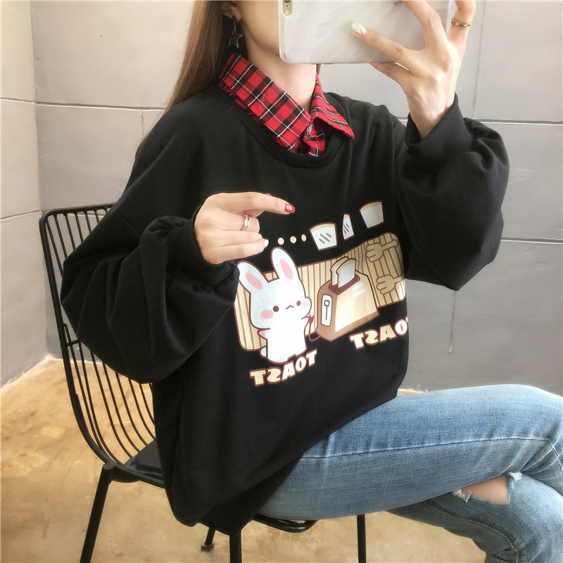 

hoodies t shirt 2021 cotton korean loose spring and autumn plaid collar fake two pieces of women's sweater thin long sleeve, Black