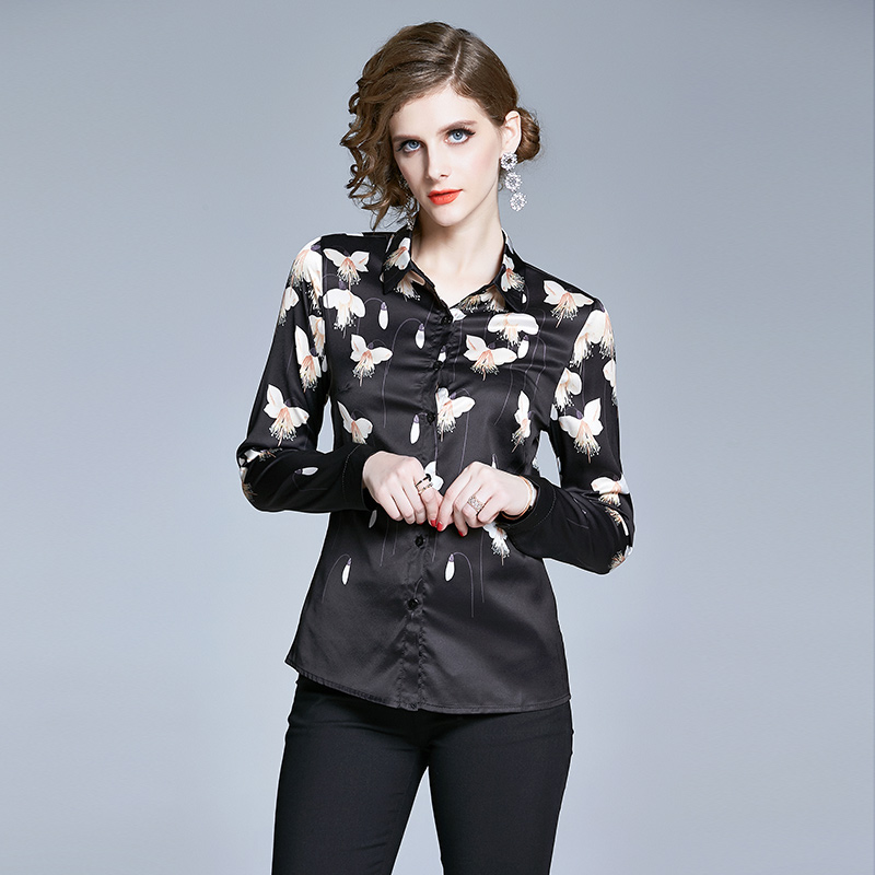 

Floral Printed Runway Black Shirt 2021 Women Elegant Fashion Long Sleeve Button Up Blouses Beautiful Spring Autumn Winter Slim Sweet High-End Office Designer Tops, Customize