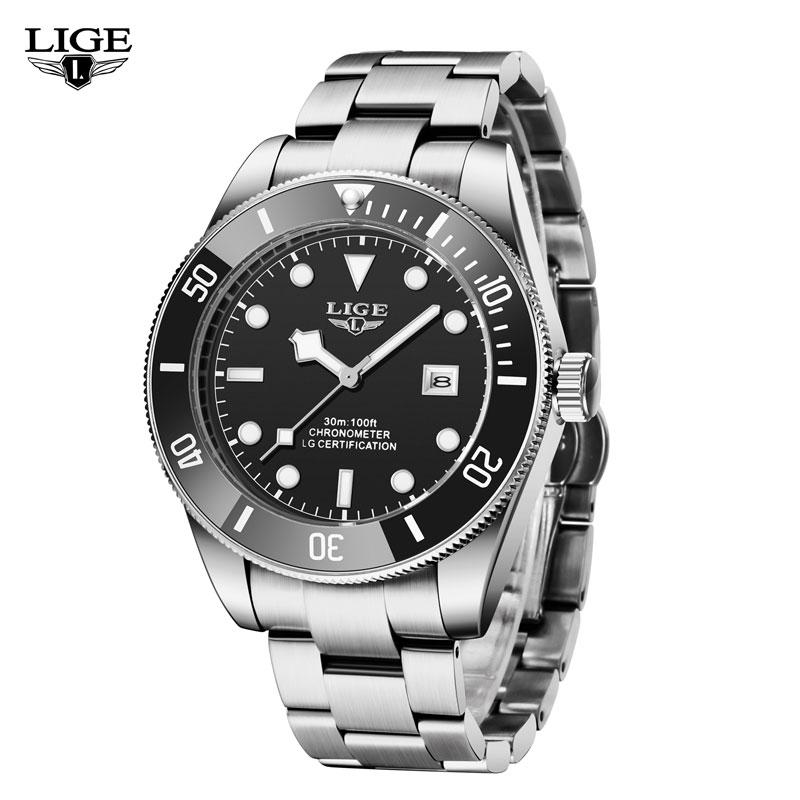 

Wristwatches LIGE Watch Men Stainless Steel Watches For Mens Fashion Classic Luxury Luminous Male Quartz Casual Clock 2021, Blue black