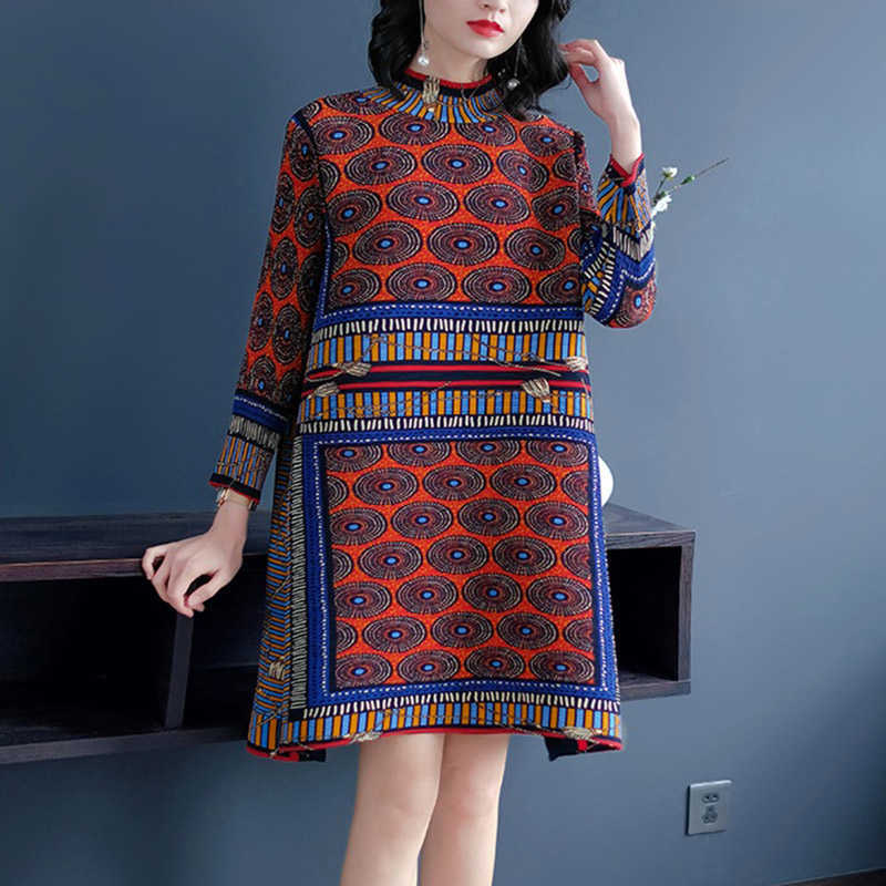 

Europe Fashion Women Dress Autumn Print Ladies Pluz Size Cotton Casual Stand Collar Clothing 210615, Grey