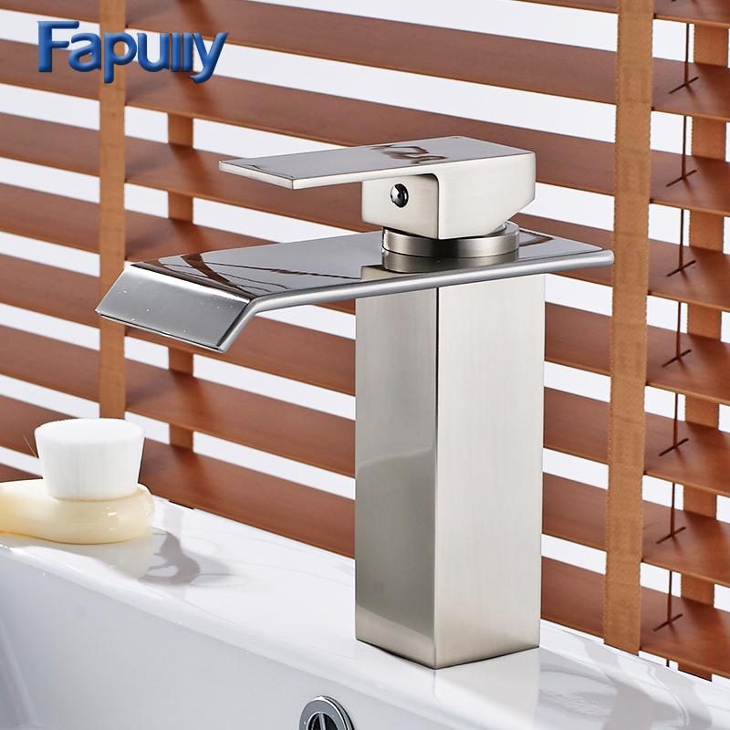 

Bathroom Sink Faucets Fapully Chrome Finish Waterfall Basin Single Handle Bath Mixer Faucet Cold Vanity Tap 100-11C