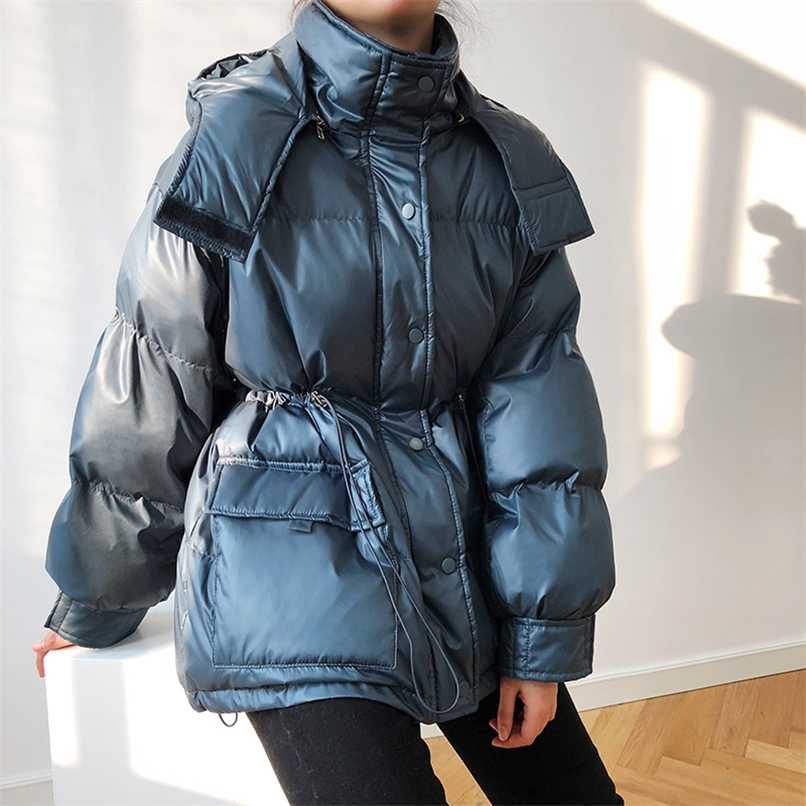 

Winter Drawstring Waist Hooded Down Cotton Coat Loose Pocket Long Sleeve Warm Women Parkas Winter Thickened Windproof Jacket 211108, Beige