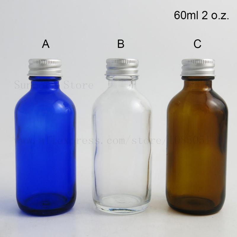 

10PCS NEW 2 fl oz Cobalt Blue Clear Amber 60ml Boston Glass Round Bottle With Silver Aluminum Cap