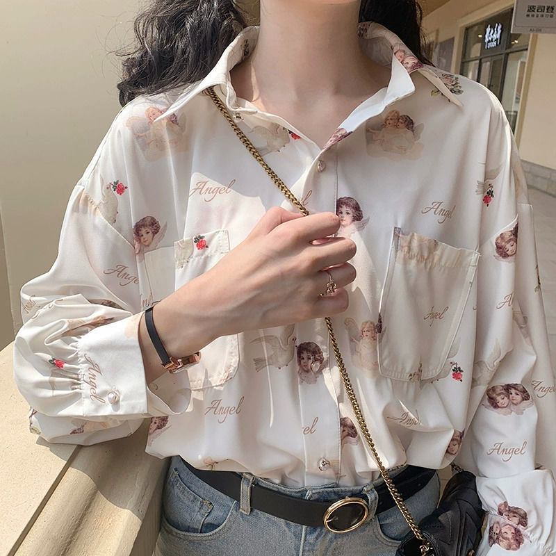 

2021 New Deeptown Harajuku Angel Print Womens Shirt Vintage Elegante Blouse Vrouwen Herfst Lantaarn Mouw Vrouwelijke Kleding Losse Bf Overhe, Black