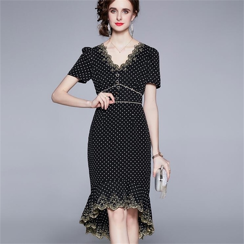 

Irregular Fashion Holiday Ruffle Stitching Maxi Dress For Women Polka Dot Mid-Length Large Swing High Waist Dresses 210603, Picture color