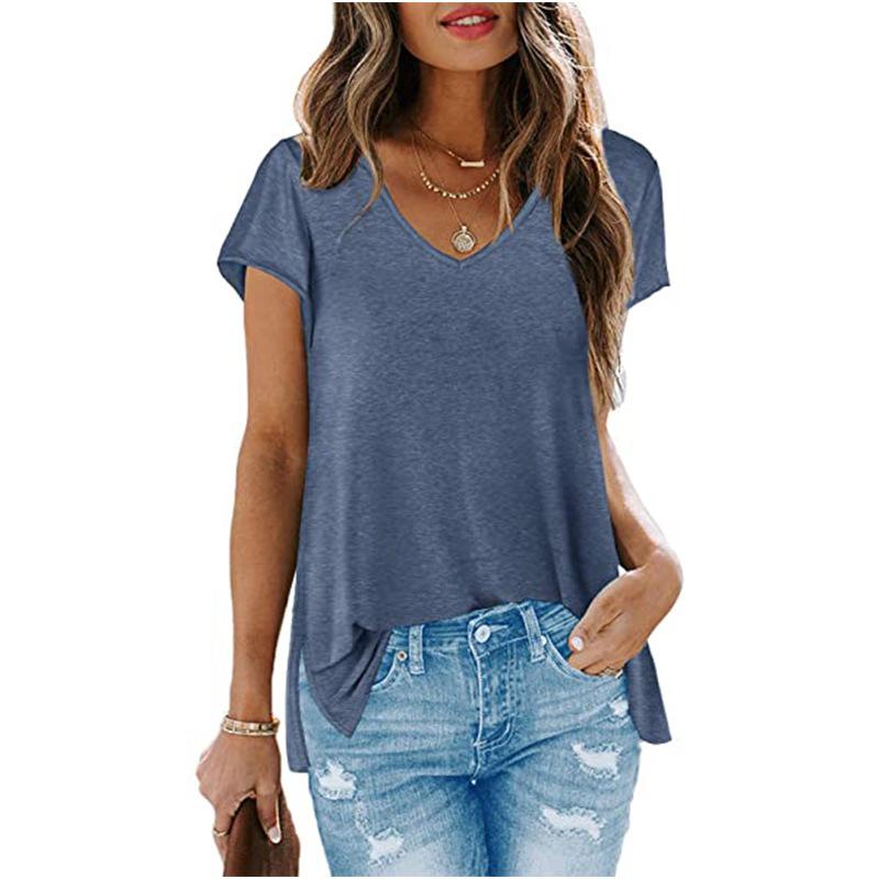 

Women' T-Shirt Sexy V Neck Solid Color Women Tshirt 2021 Summer Slub Cotton White Short Sleeved Split Hem Fashion Street Hipster Ladies Tee, Ydjr002-gray