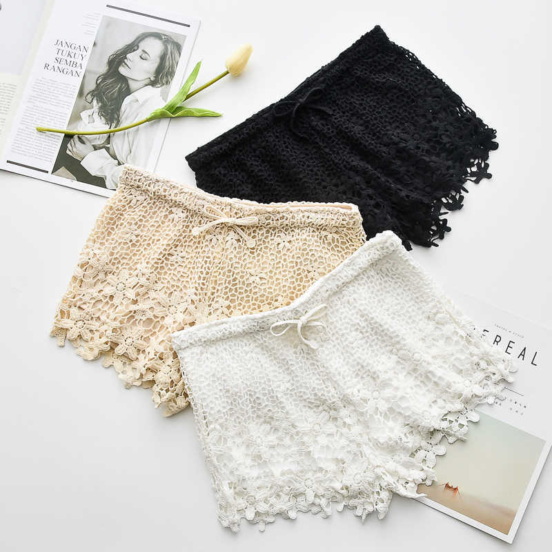 

Summer Fashion Hollow Out Lace Shorts Casual Sexy Floral Sheer Panty Elastic Party Travel Drawstring 210601, Beige