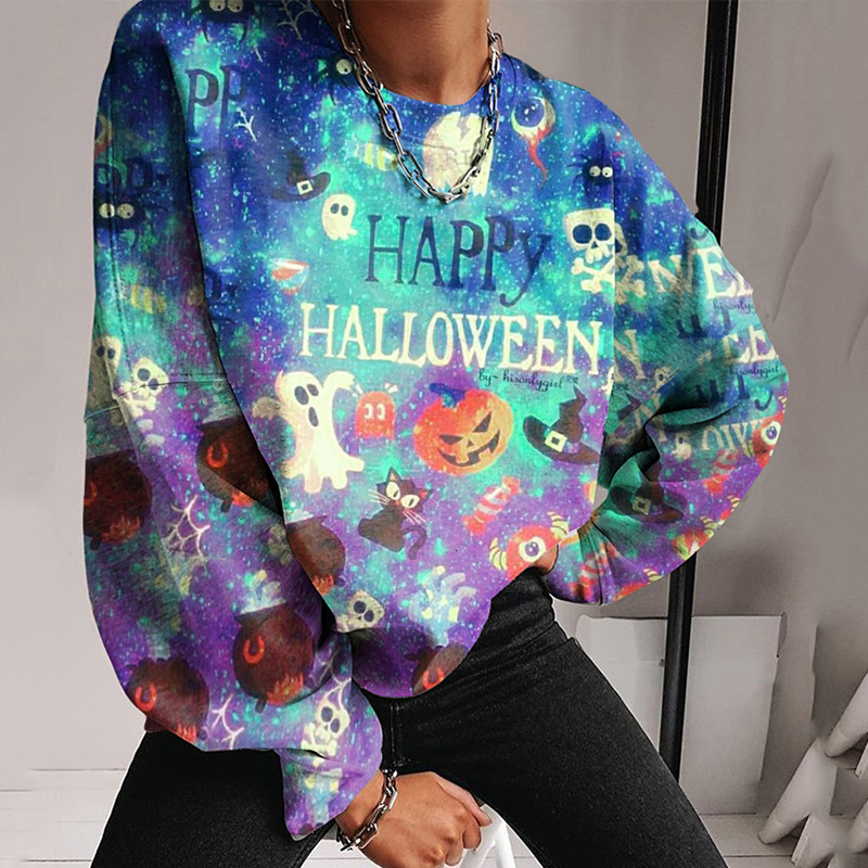 

2021 New Halloween Fun Graffiti Letter Printing Crewneck Sweatshirt Women Autumn Tops Oversized Loose Long Sleeve Casual Streetwear Korea 8g, Mixed