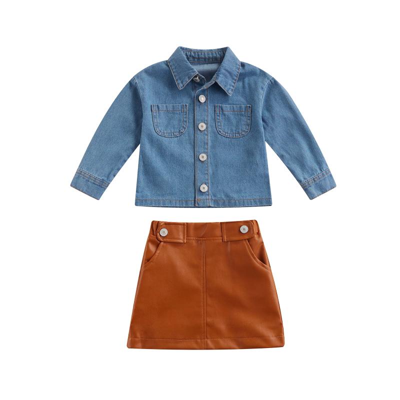 

Clothing Sets Kid Baby Girl Tops, Half Dress Suit, Long Sleeve Lapel Neck Denim Cardigan Casual Loose Fall Spring Leather 3-8T, As pic