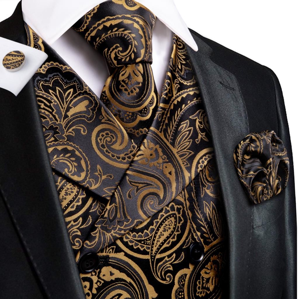 

Hi-Tie Gold Black Paisley Floral Silk Men Slim Waistcoat Necktie Set For Suit Dress Wedding 4PCS Vest Hanky Cufflink, Mj-0055