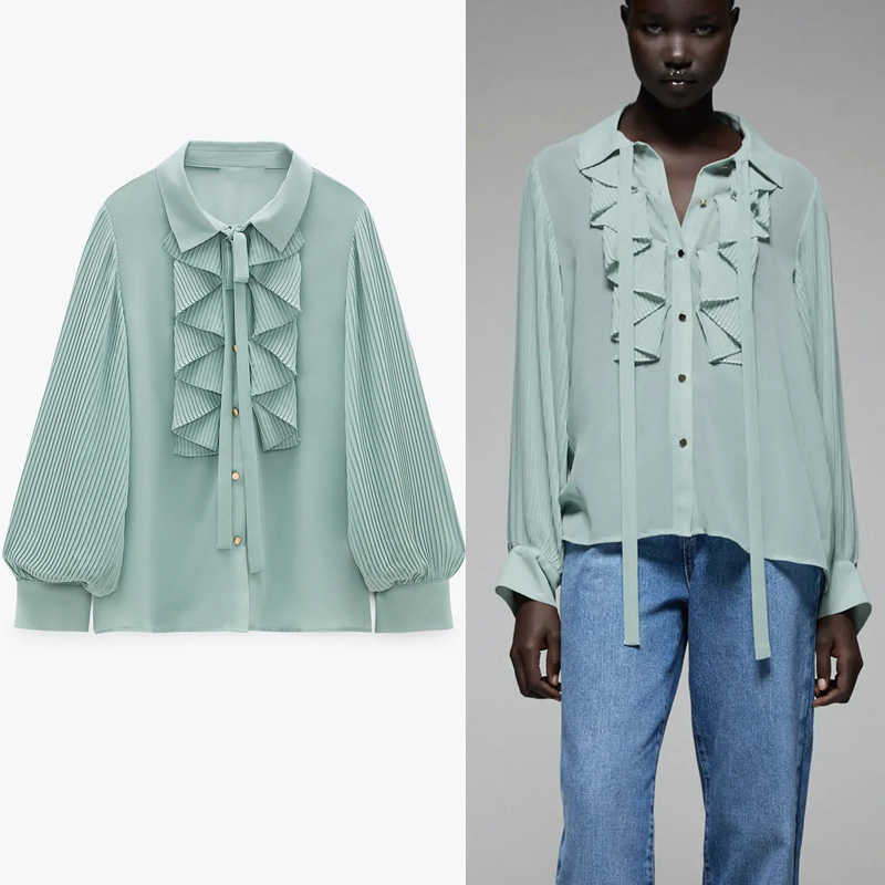 

Za Ruffle Chiffon Blouse Women Lapel Collar Long Sleeve Pleated Shirts Woman Chic Front Metal Button Loose Green Top 210602, As picture