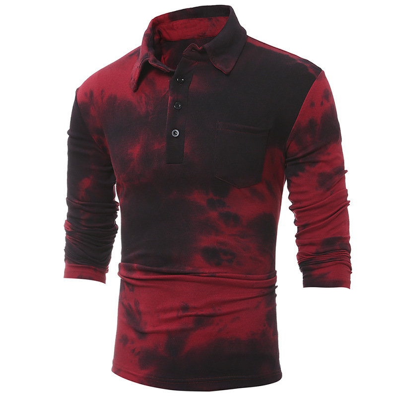 

Mens Tshirts Autumn New Men's Shirt Slim Lapel Tie Dyed Long Sleeve T-shirt Men's Fashion, Wine