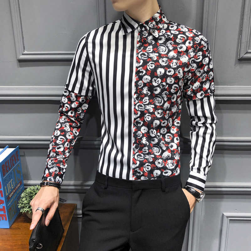 

Men's Long Sleeve Casual Shirt Striped Flower Splice Fashion Slim Fit Dress Shirts Blouse Streetwear Night Club Male Clothing 210527, Flower colour