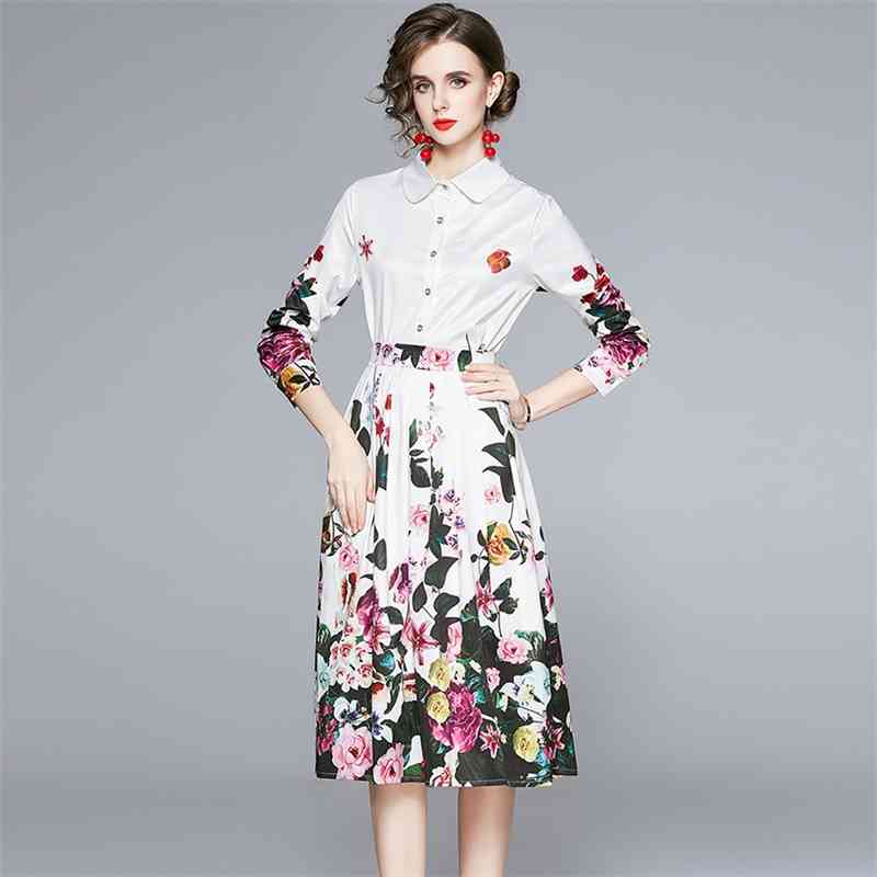 

Autumn Runway Skirt and Top 2 Piece Sets Elegant Shirt Collar Floral Print Suit Outfits for Women Matching 210603, Design and color