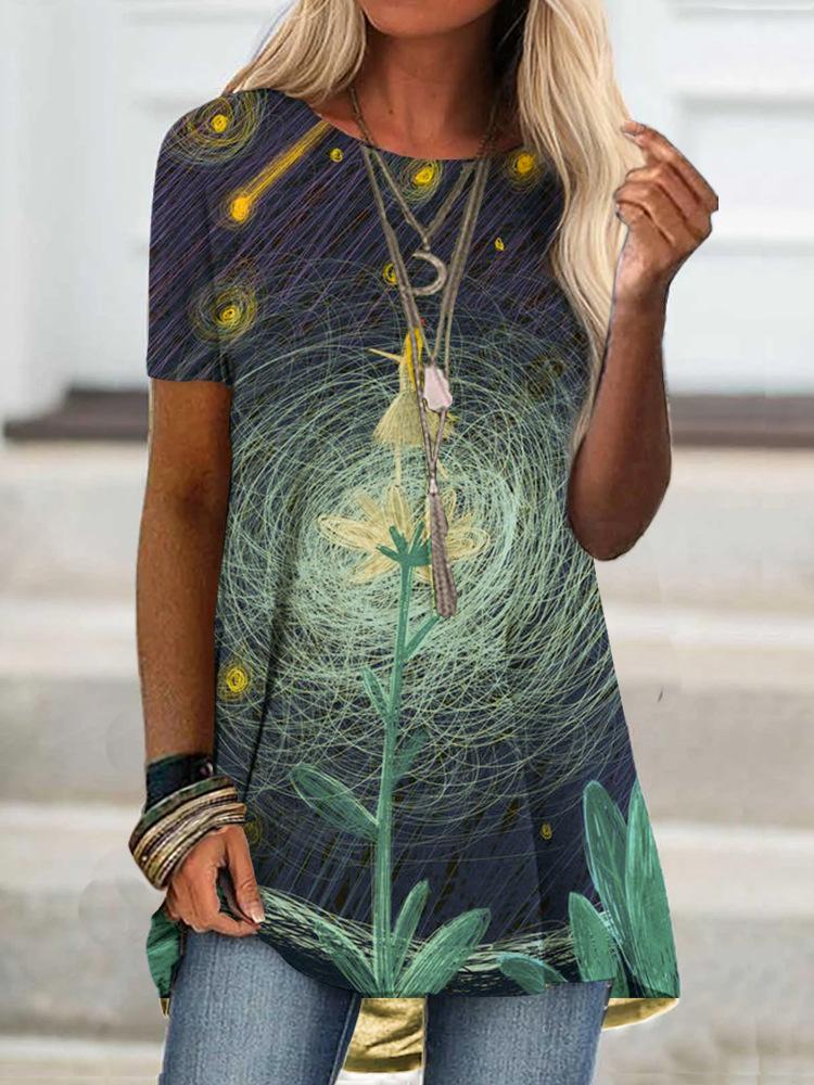 

Women' T-Shirt Women Loose T Shirt Ladies Top Cartoon Cat Flower Splicing Printed Tee Short Sleeve Plus Size Pullover Vintage 2021, 0000