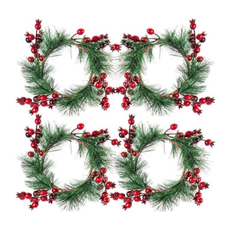 

4 Pcs Christmas Candle Rings Snowy Pine Needles Candle Rings Wreaths with Artificial Red Berries Table Decoration