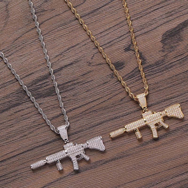 

Pendant Necklaces Hip Hop Claw Setting + CZ Stone Bling Iced Out Gun Pendants For Men Rapper Jewelry Drop, Silver