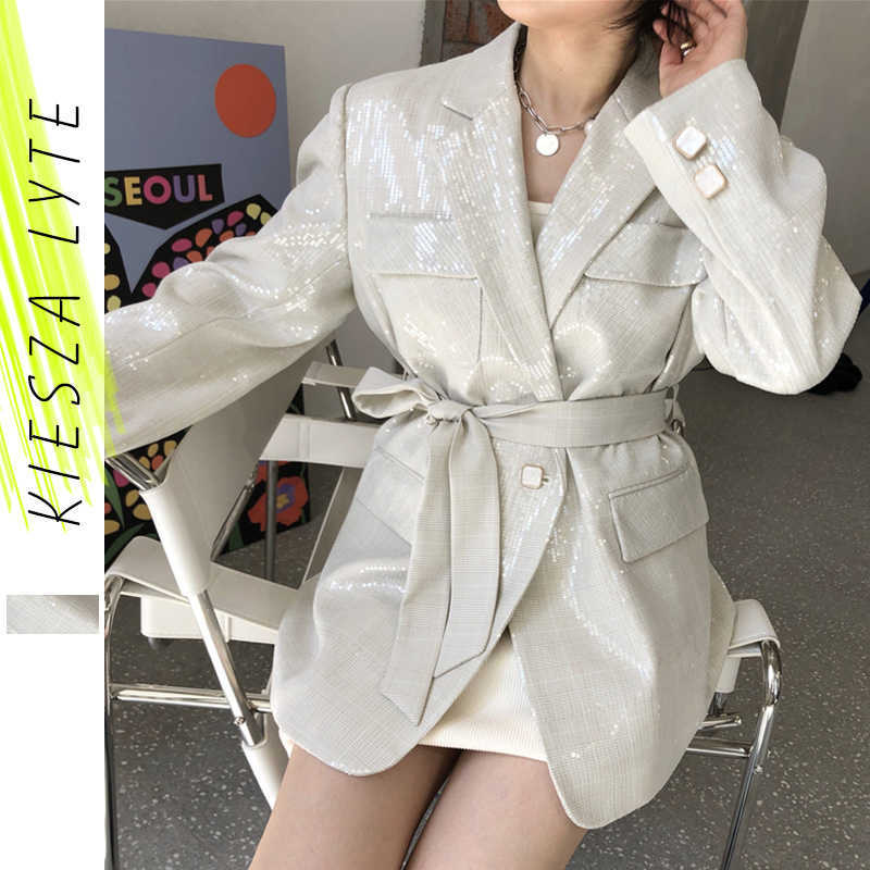

Women's Suit Jacket Runway Designer Glitter Sequined Blazer Sexy Office Blazers Mujer Spring 210608, Beige