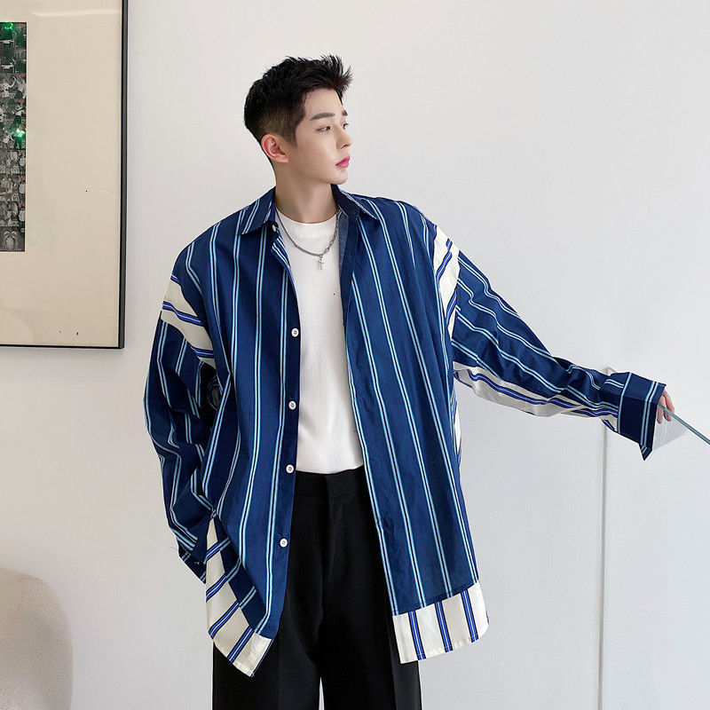 

2021 New Korean Style Men's Stitching Striped Printing Hawaiian Shirt Camisa Masculina French Cuff Mens Clothes Fashion Shirts Xk53, Blue