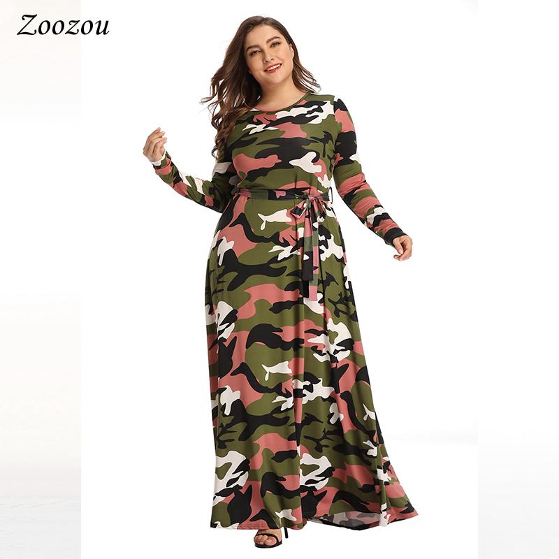 

Casual Dresses 2021 Fall Winter Sashes Camouflage Printed Dress Plus Size 4XL Loose Full Sleeve Maxi Fashion Female Vestidos Robes, Gray