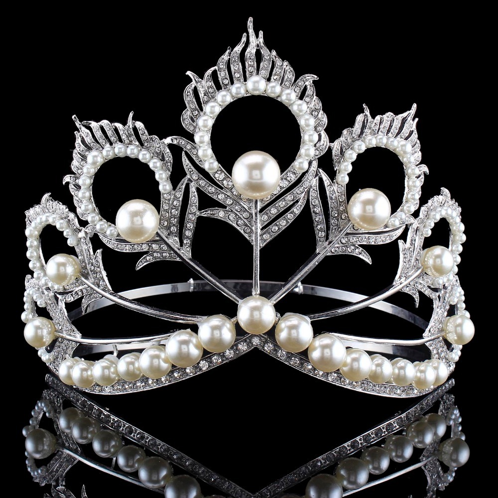 

New Arrival Big Size 2017 Miss Universe Same Crown Full Round Adjustable Silver Pearl Peakcock Feather Tiara Pageant 210203