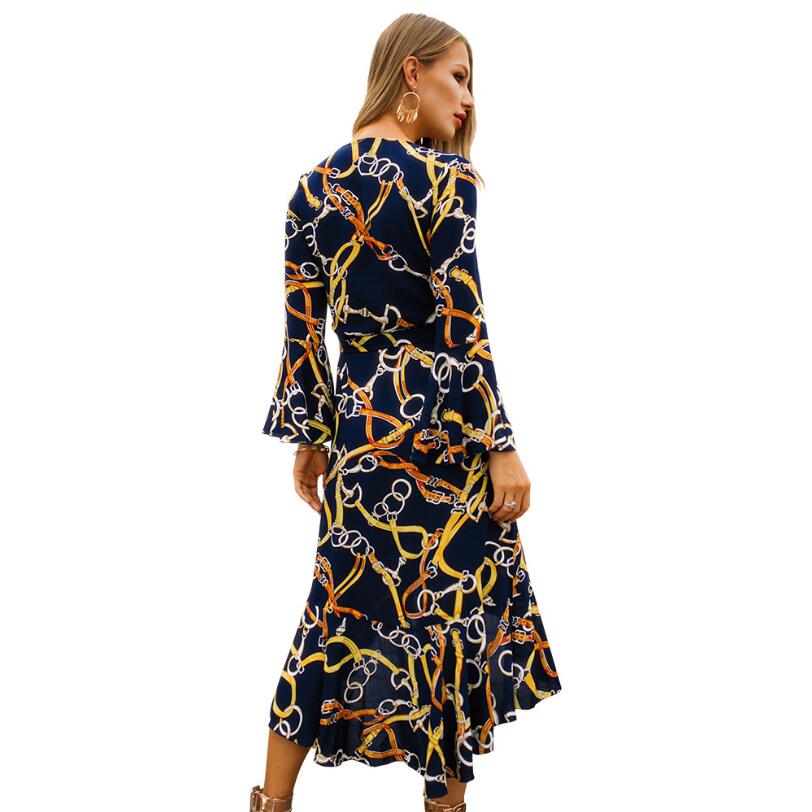

Women Chain Print Ruffles Wrap Dress Split Flare Sleeve Sexy Maxi Dress Streetwear V Neck Long Party Dress vestidos, Black;gray