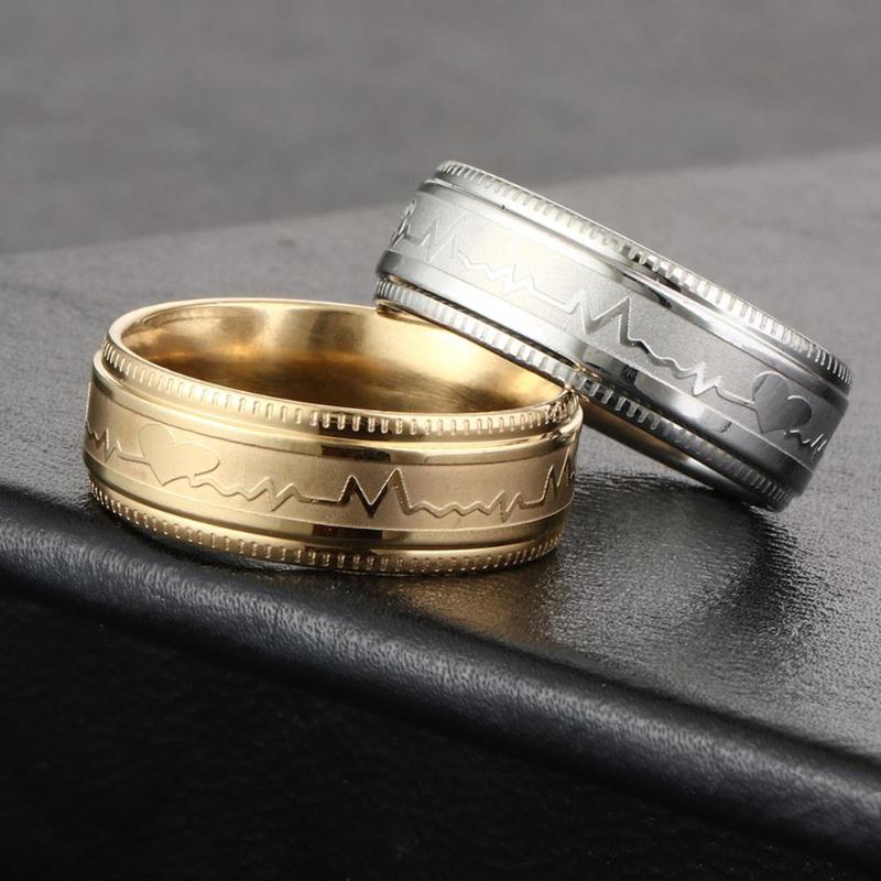 

Wedding Rings ECG Heartbeat Love Finger Ring For Couple Stainless Steel Electrocardiogram Pattern Anillos Mujer Valentine's Day Jewelry, Slivery;golden