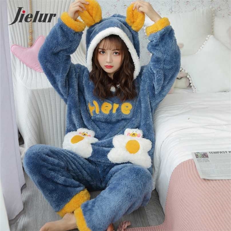 

Jielur Warm Women Pajama Sets Winter Lady Long Sleeve Shirt+Pants Home suit Hooded Cartoon Print Thick Pijama Feminino 211106, 94