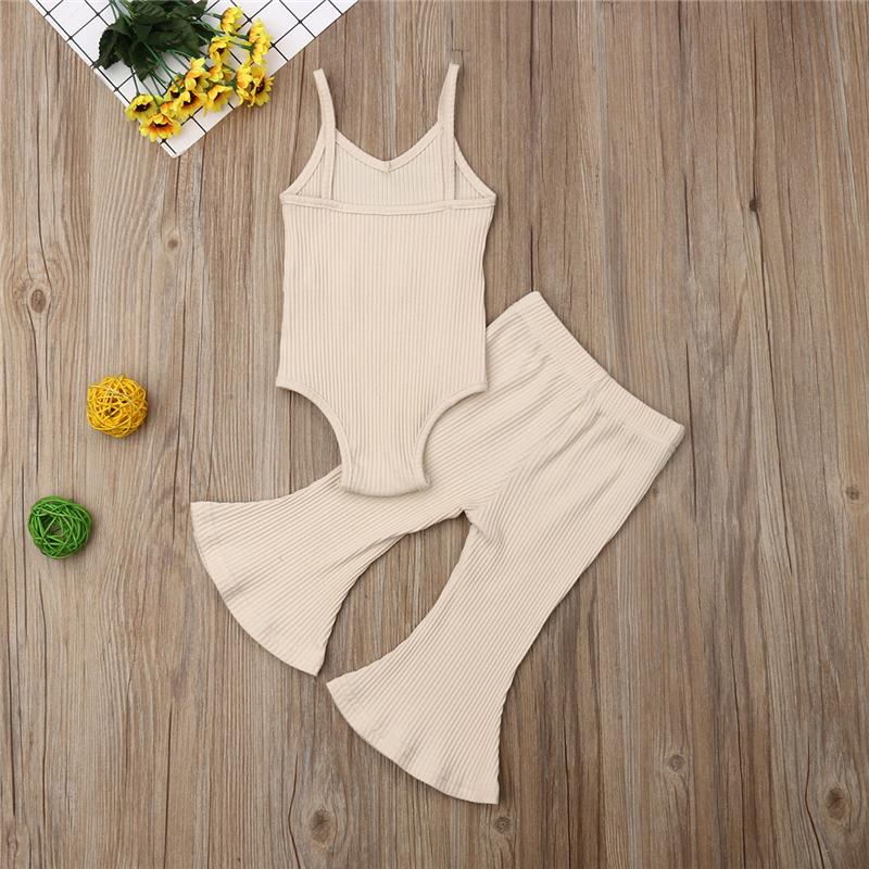 

0-3Y Summer Baby Clothing Girl Solid Sleeveless Romper Kids Top+Long Bell Pants Bottoms Kid Outfits Newbon Ribbed Clothes Sets, Default color