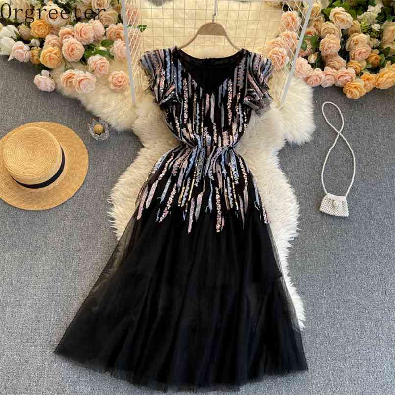 

Summer Fashion Elegant Ladies Dress Women Round neck Ruffled Flying Sleeve Sequined Embroidery Slim Black Mesh 210602
