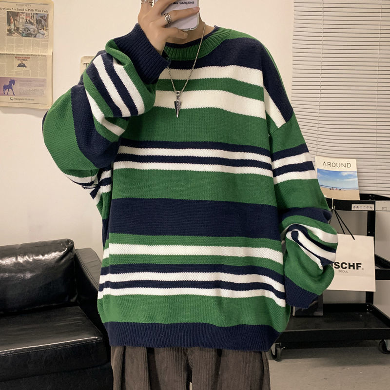 

2021 New Autumn Winter Striped Sweater Men' Warmth Fashion Casual Retro Knitted Pullover Men Loose Korean Sweaters Mens Clothes -2xl 84em, Grey stripe