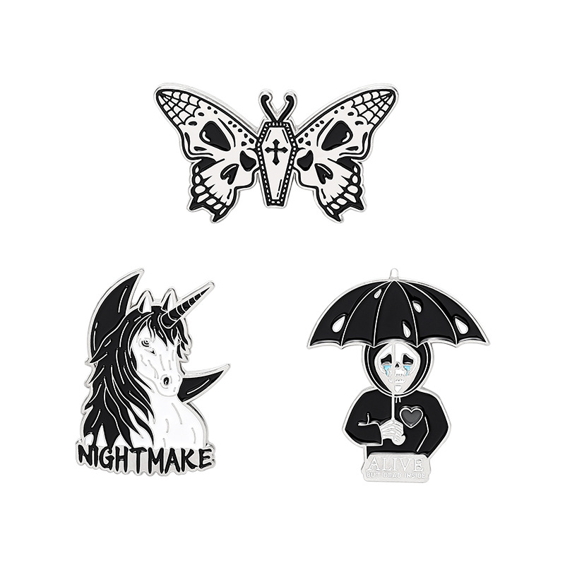 

Nightmare Enamel Pin Custom Horse Umbrella Skeleton Butterfly Brooch Bag Clothes Lapel Gothic Badge Jewelry Gift for Friends, Gray