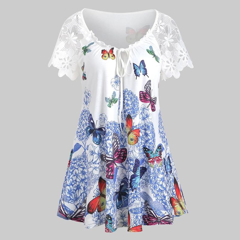 

Women's Blouses & Shirts Plus Size Women Asymmetrical Butterfly Print Summer Blouse Harajuku Tunic Lace Short Sleeve Shirt O Neck Femme, White