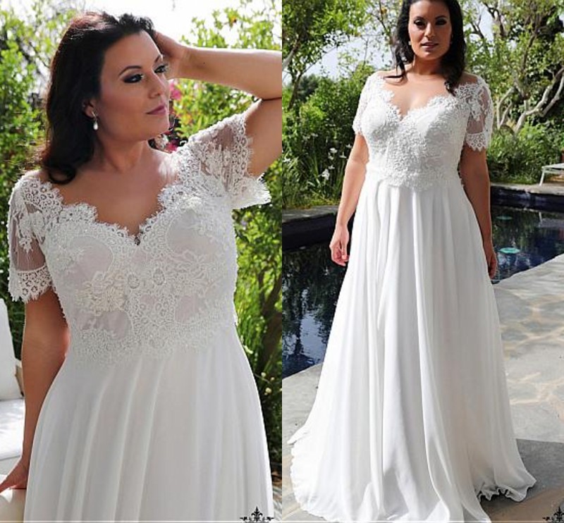 

New 2021 Chiffon V-neck A-line Plus Size Wedding Es with Beaded Lace Appliques Floor Length Beach Bridal Gowns Ws0s, White