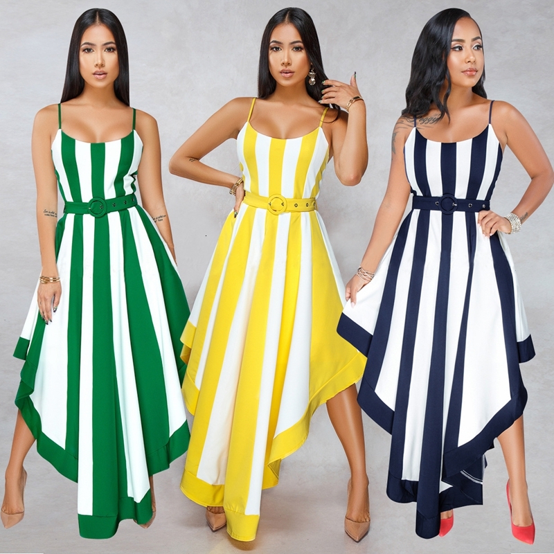 

2021 New Fashion Sexy Striped Print Sleeveless Asymmetrical Big Swing Women Elegant Woman Party Night Long Es Green Iuky