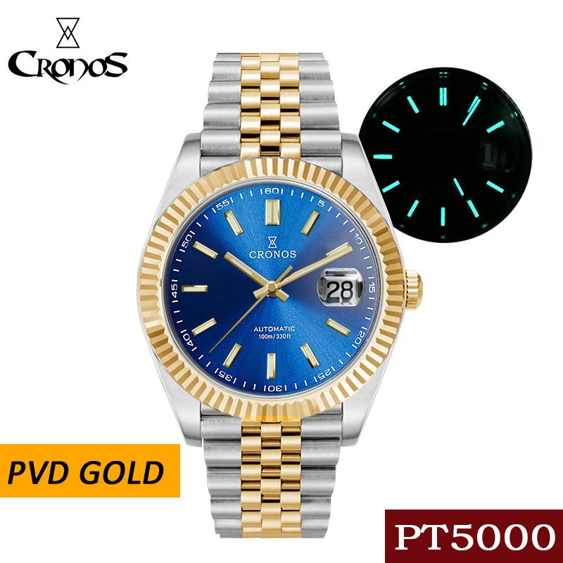 

Wristwatches Cronos Date Luxury PVD Gold Men's Diver Watch 5 Links Bracelet Copper-Nickel Plated Bezel 100m Water Resistant Sapphire Luminou, Grey pt