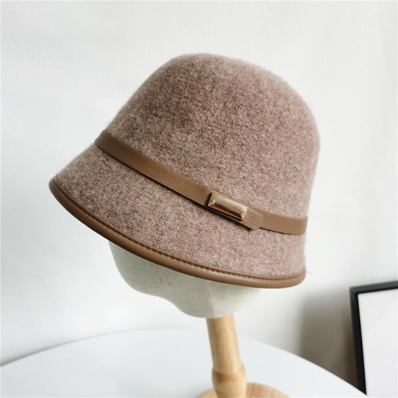 

Berets Simple Wool Fisherman Hat Female Autumn And Winter Warm Woolen Pu Belt Metal Square Buckle Basin, Grey